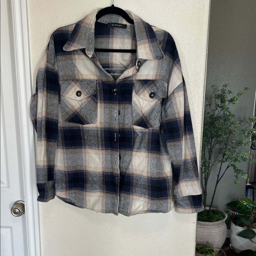 Blu Pepper Plaid Utility Jacket in Navy & Cream
